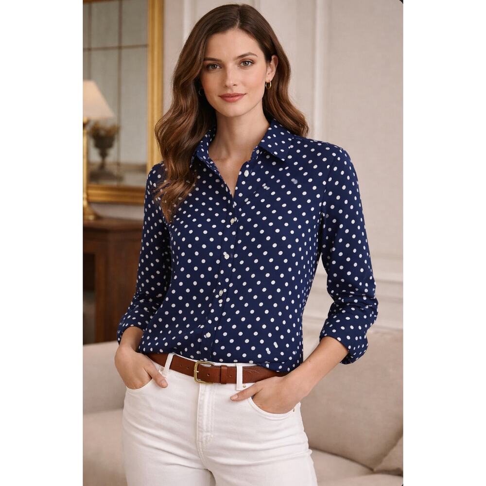 Rachel Zoe Medium Navy White Polka Dot Stretch Button Front Blouse Shirt